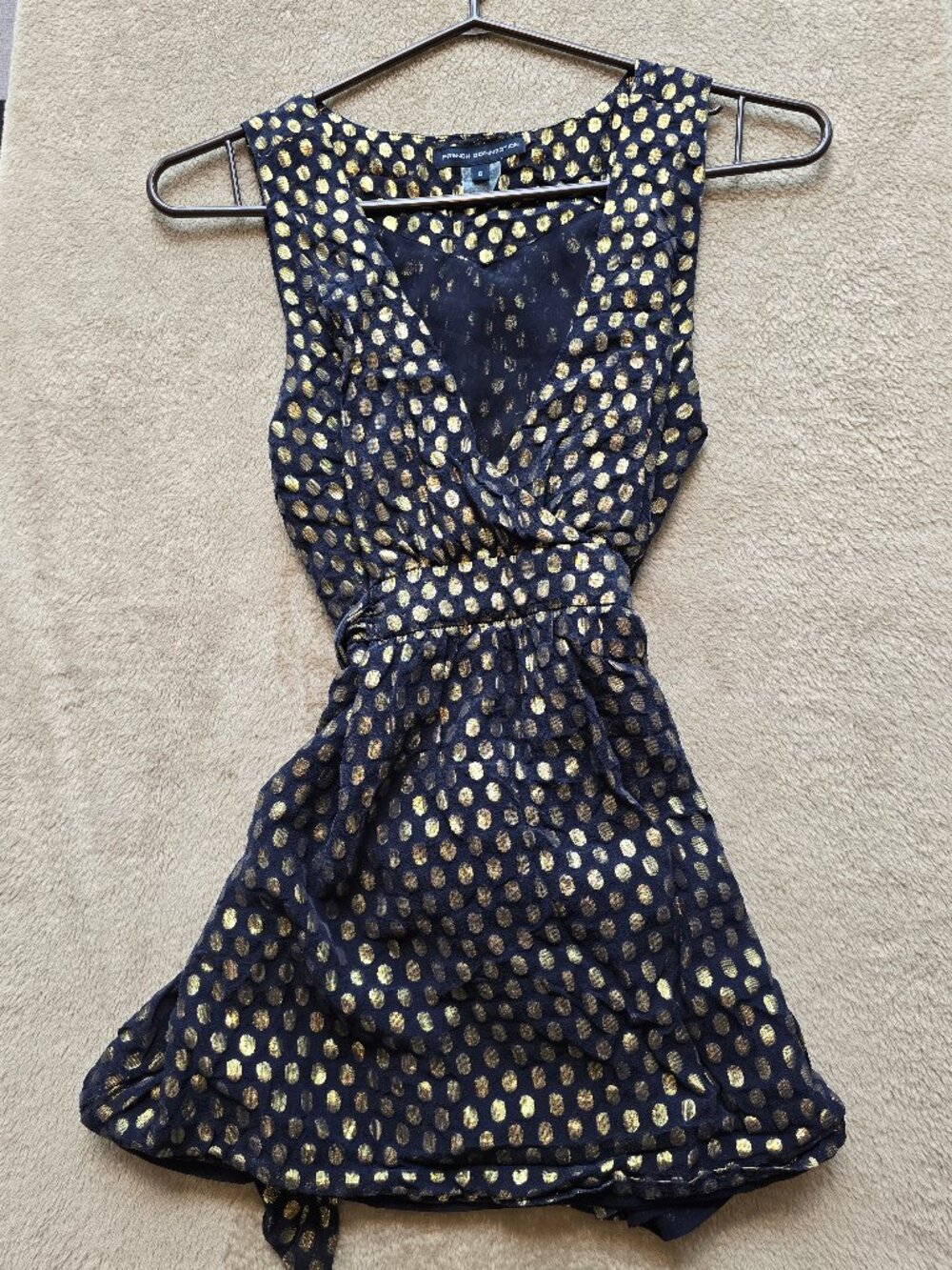 French Connection Silk Metallic Gold Polka Dot V-Neck Babydoll Blouse - Size 6